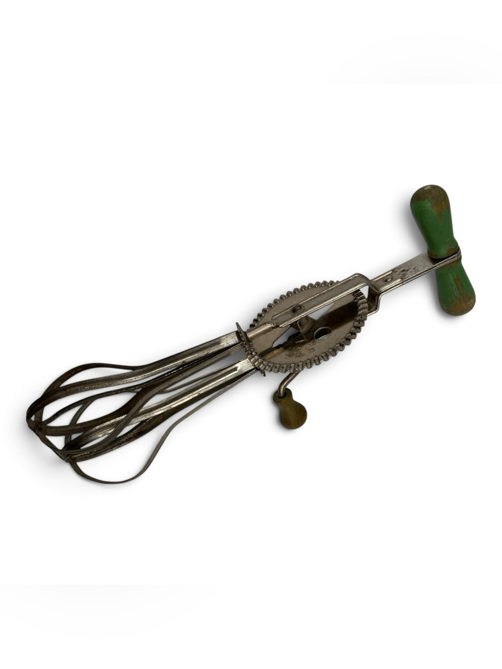 Vintage A&J Manual Hand Crank Egg Beater Mixer Green Wood Handle SuperCenter